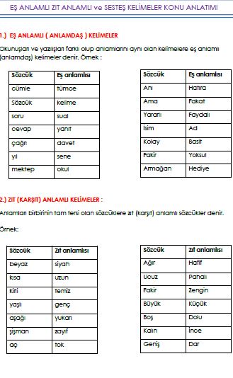3.Sınıf Türkçe EŞ ANLAMLI ZIT ANLAMLI ve SESTEŞ KELİMELER KONU ANLATIMI